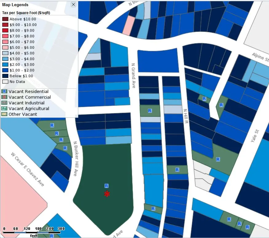 Tax Value per Square Foot with Vacant Lots overlay