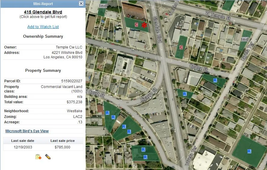 Vacant lots map with mini property report