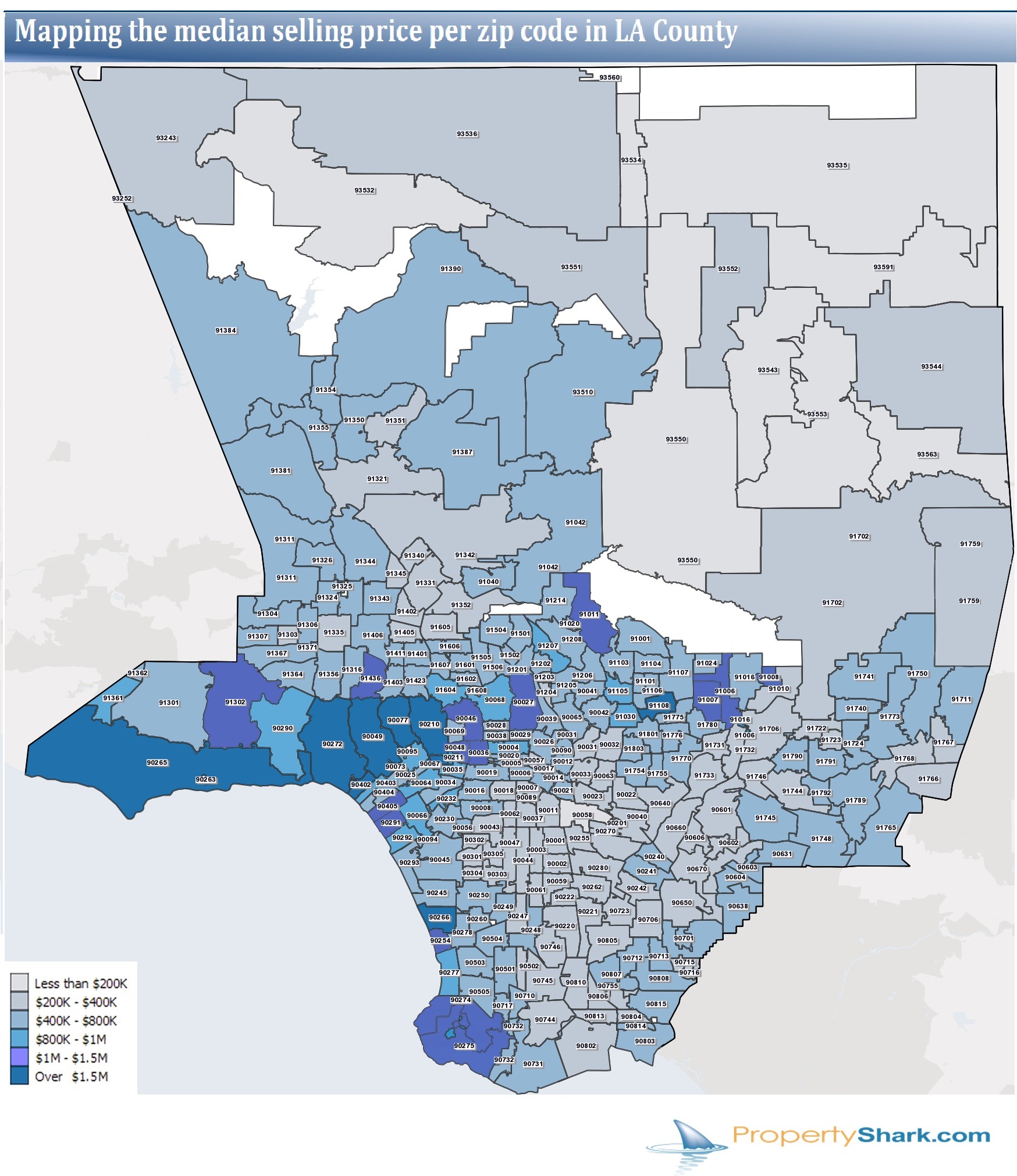 Click image for full size The median sale price in L.A. County per zip code