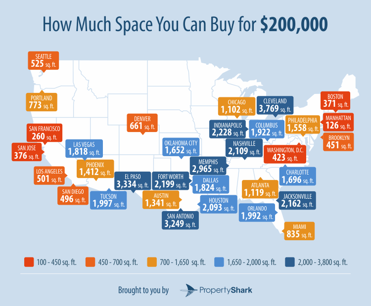 Map of how much space you can buy for $200,000.