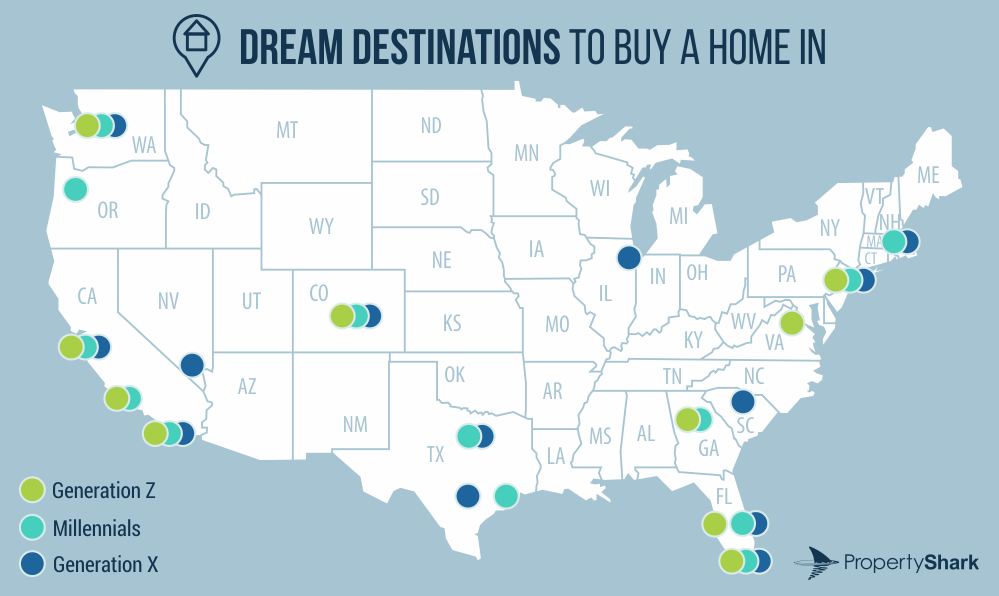 Map of dream destinations to buy a home in by generation.