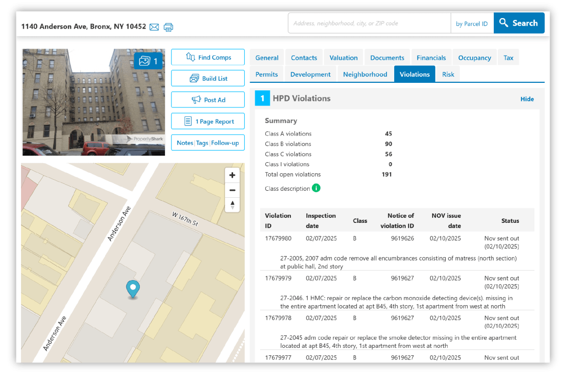 how to check the record of violations for a property using propertyshark property reports