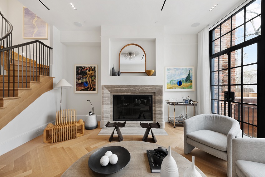modern living room with fireplace and furniture