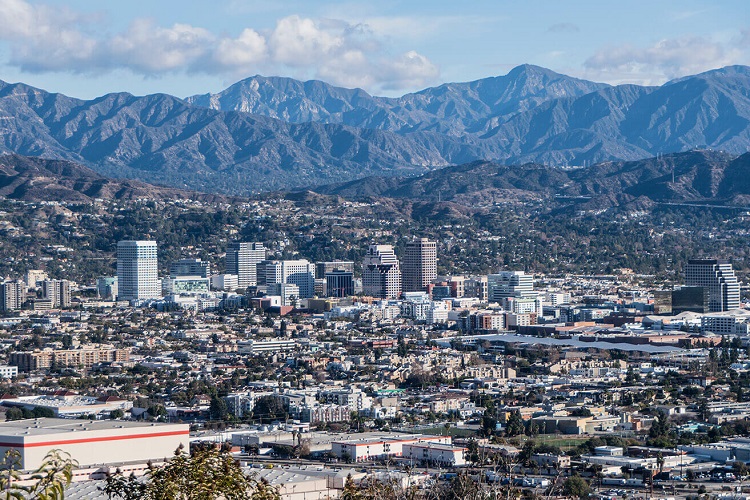 View over downtown Glendale and San Gabriel mountains in the background