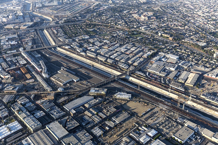 Aerial view over Los Angeles' Arts District and the Los Angeles River