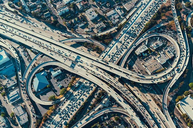 Aerial view of massive highway intersection in Los Angeles