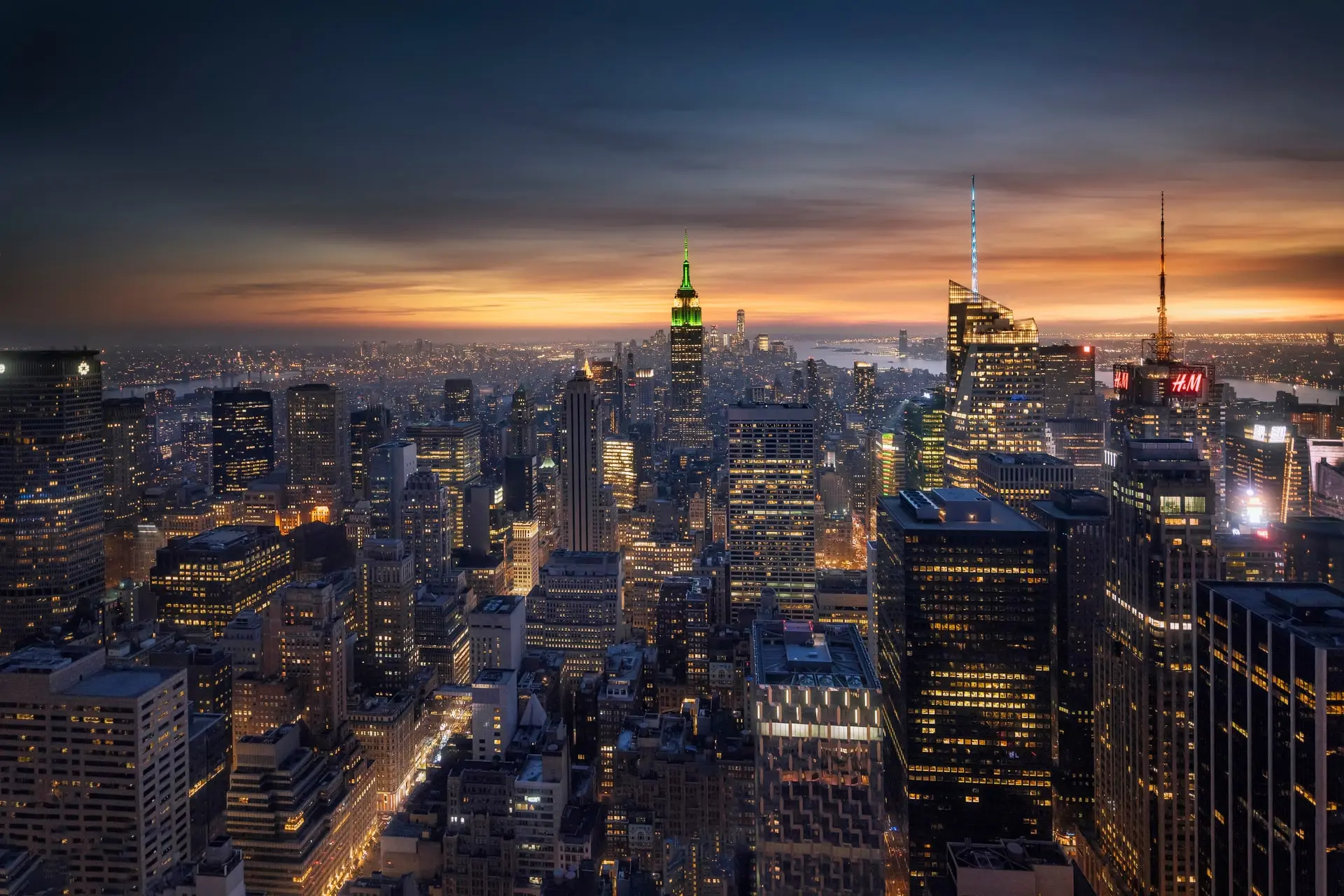 Nighttime view of the NYC skyline
