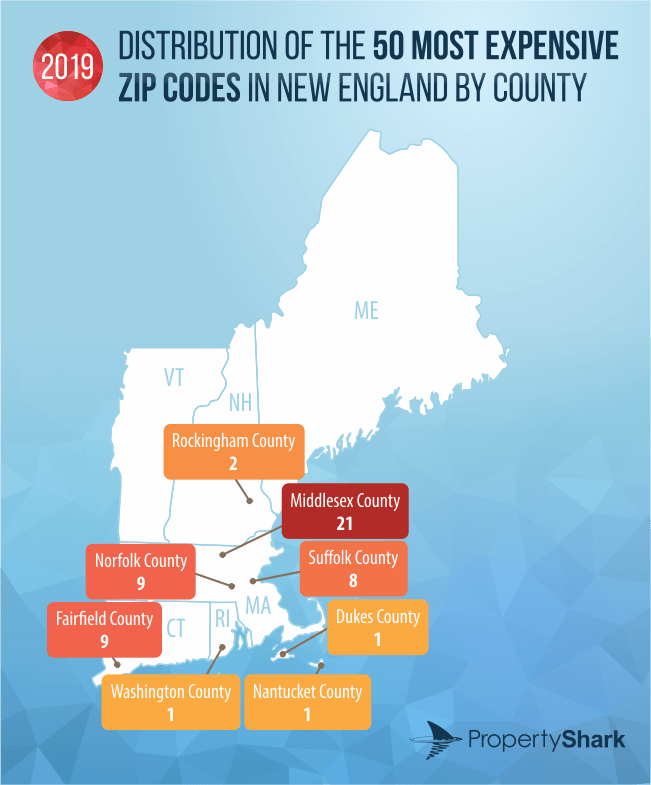Map of 2019 50 Most Expensive Zip Codes in New England by County