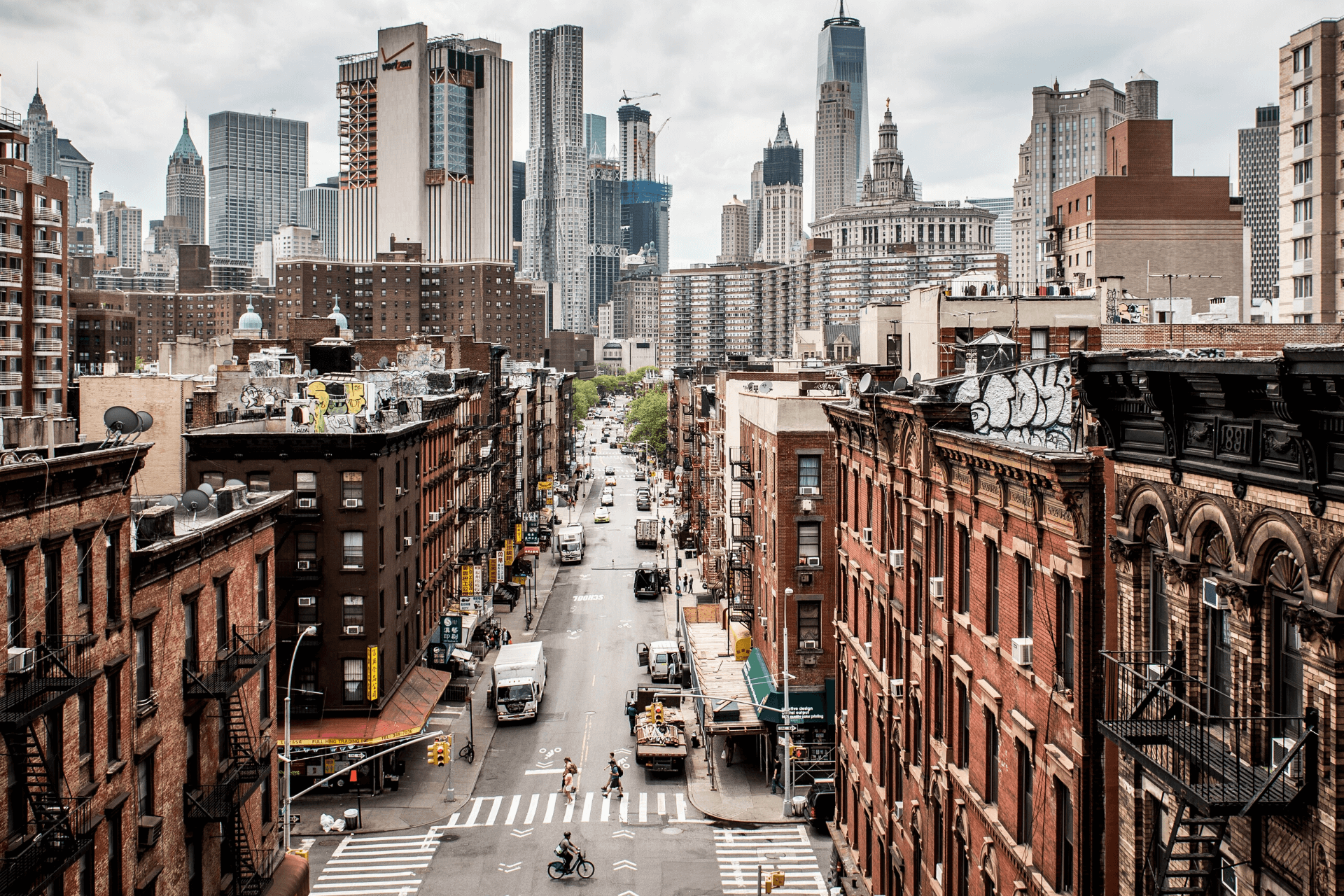 Photo of NYC urban scene with the NYC skyline in the background
