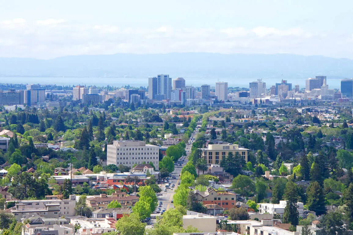 Aerial view of the Berkeley skyline and the Bay Area