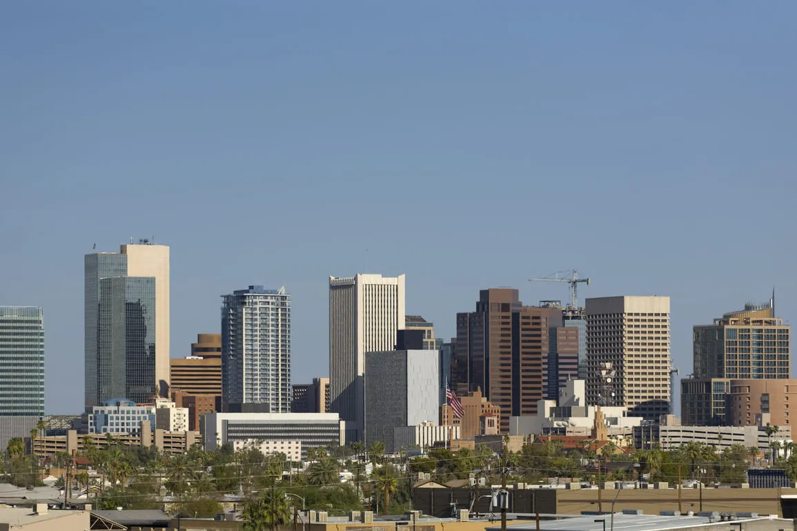 Aerial view of the office building skyline of Phoenix, Ariz.