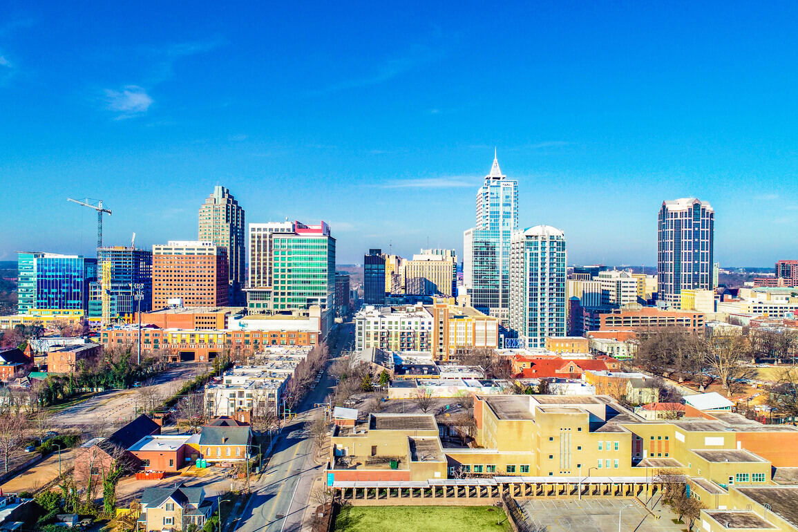 View of the Raleigh, N.C. skyline with the city's downtown office buildings
