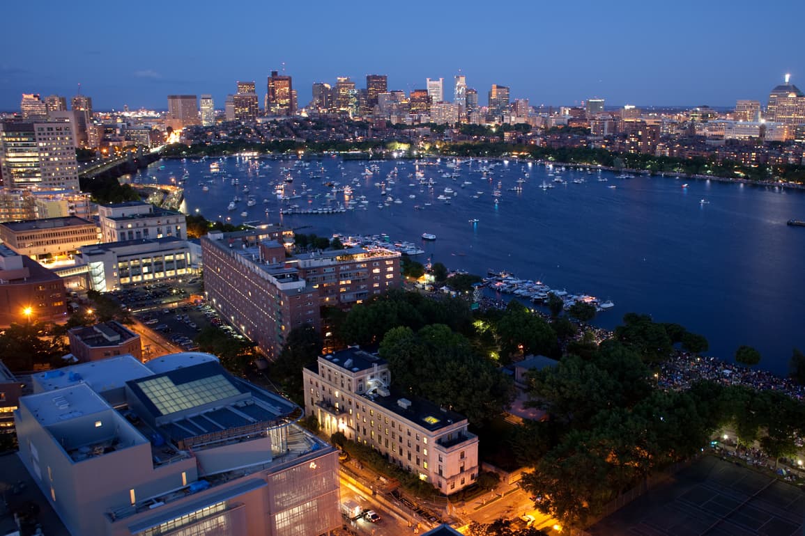 Overhead view of Cambridge, Mass. and the Back Bay neighborhood of Boston