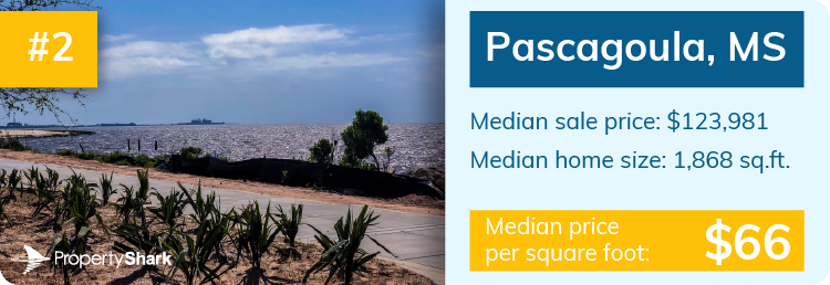 Infographic containing median sale price, median home size and median price per square foot for Pascagoula, MS.