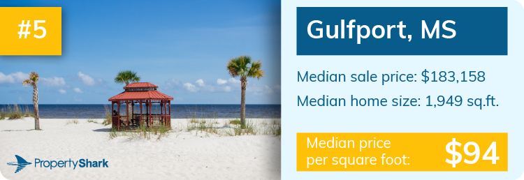 Infographic containing median sale price, median home size and median price per square foot for Gulfport, MS.