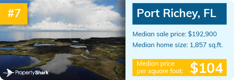 Infographic containing median sale price, median home size and median price per square foot for Port Richey, FL.