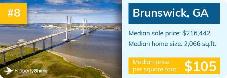 Infographic containing median sale price, median home size and median price per square foot for Brunswick, GA.