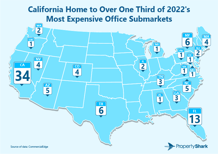 California home to 34 of the 100 most expensive office submarkets in the U.S.