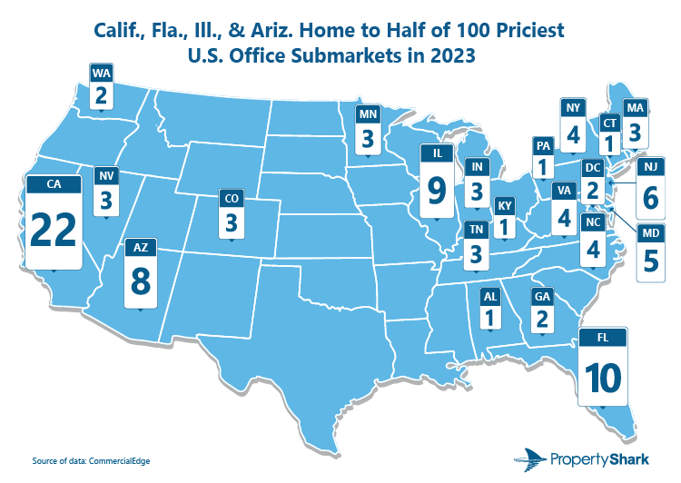 Map of contiguous continental united states showing the number of ranking submarkets from each of their respective states: California 22 submarkets, Florida 10 submarkets, Illinois 9 submarkets, Arizona 8 submarkets, New Jersey 6 submarkets, Maryland 5 submarkets, New York 4 submarkets, North Carolina 4 submarkets, Virginia 4 submarkets, Maine 3 submarkets, Indiana 3 submarkets, Tennessee 3 submarkets, Minnesota 3 submarkets, Colorado 3 submarkets, Nevada 3 submarkets, Washington state 2 submarkets, Washington DC 2 submarkets, Georgia 2 submarkets, Pennsylvania 1 submarket, Connecticut 1 submarket, Kentucky 1 submarket, Alabama 1 submarket.